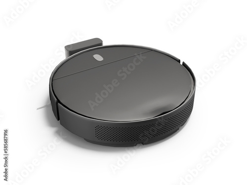 3D illustration of black slim robot vacuum cleaner for wet cleaning perspective view on white background with shadow