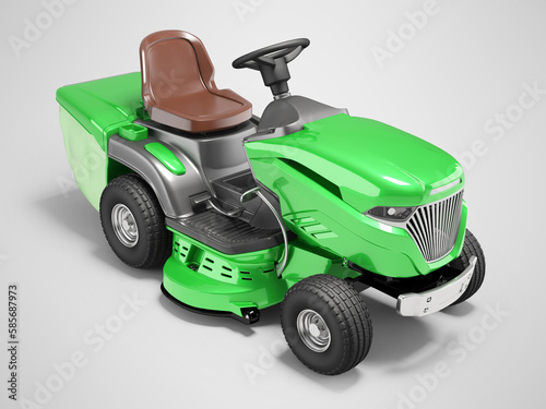 3d illustration of green garden tractor lawnmower with container for grass on gray background with shadow