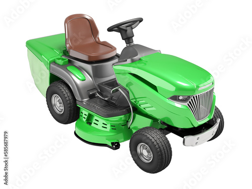 3d illustration of green garden tractor lawnmower with container for white on blue background no shadow