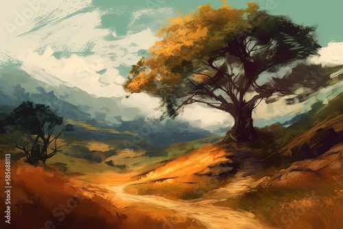 solitary tree standing on a hill with a scenic view of the landscape. Generative AI