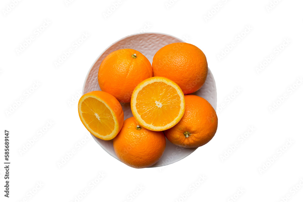 Flat lay of Fresh orange fruit with sliced in plate isolated on white background. Top view with copy space