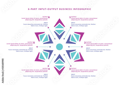 Colorful 6-part input-output business, corporate infographic template