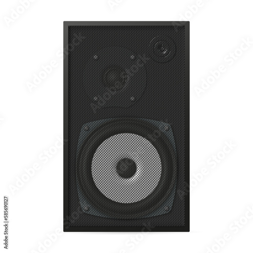 Photorealistic music loudspeaker front view, vector illustration.