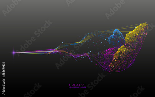 Abstract flying butterfly in polygons, lines and connected dots. Vivid Low Poly Wireframe butterfly on dark background. Digital vector illustration. Colorful creative concept. 