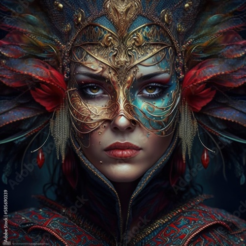 A Stunning Young Woman in a Stylish Carnival Mask. Generative AI