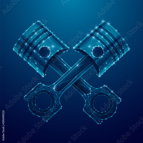 Crossed motorcycle pistons in digital polygons. Abstract car engine pistons in blue. Low poly wire-frame vector illustration. Technology transportation background