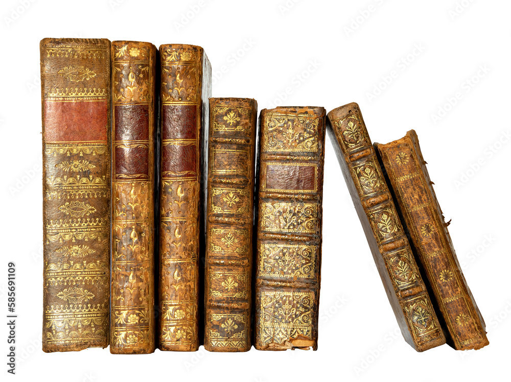 Naklejka premium Row of antique books with a leather cover and golden ornaments on isolated on white background