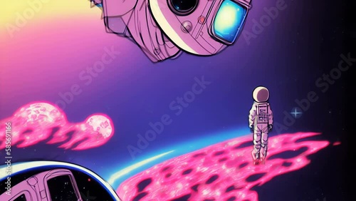 Generative AI animation of psychedelic sketch cartoon astronaut in the city. Crazy colorful background. photo