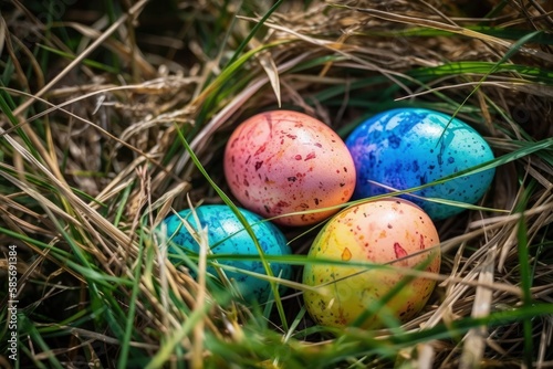 colorful Easter eggs in green grass. Generative AI