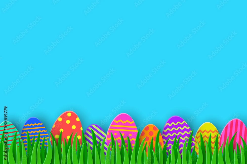 Easter background with painted eggs in the spring grass. Paper cut style decoration. Vector illustration