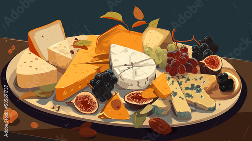 cheese plate decorated with fruits	
