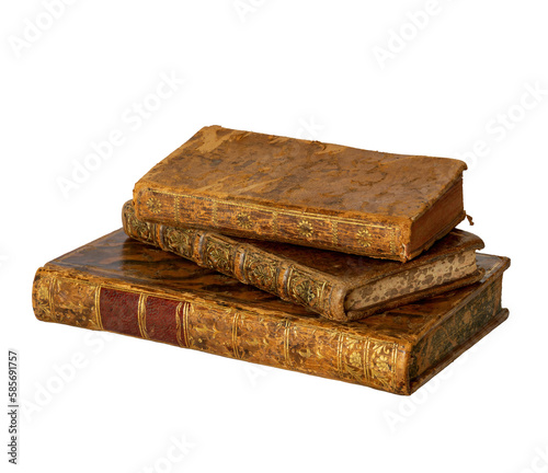 Pile of antique books with a leather cover and golden ornaments on isolated on white background