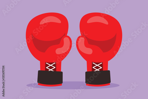 Cartoon flat style drawing red boxing glove icon, logotype. Sporting goods, defense and equipment. Boxing club. Gym to exercise. Kickboxing event. Fighter practice. Graphic design vector illustration