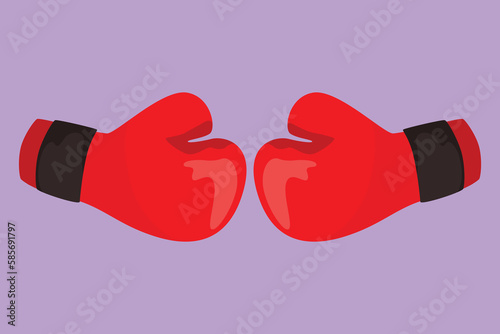 Graphic flat design drawing stylized red boxing gloves hitting together symbol. Boxing gloves fight. Boxer sportswear for punch workout. Fight  combat  competition. Cartoon style vector illustration