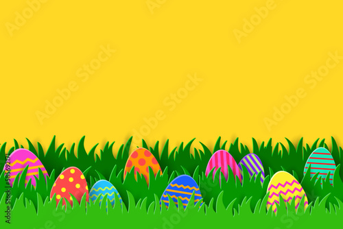 Coloured eggs hidden in the grass. Paper cut Easter background. Vector illustration