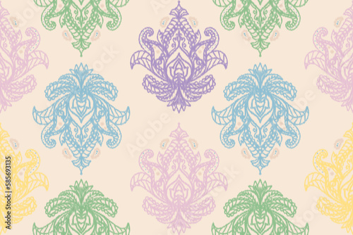 Beautiful damask paisley Ikat oriental ethnic seamless pattern. Chinese, Persian, European, Indian style. Design for carpet, wallpaper, clothing, fabric, texture, home decor, wrapping, rug, textile.