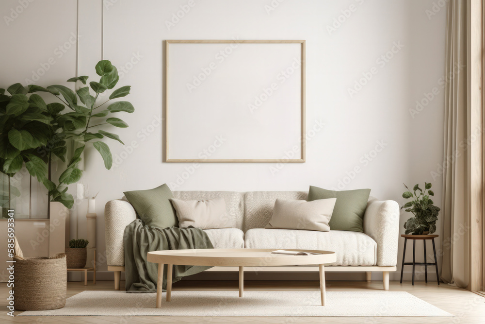 Serene Living Room Interior with Blank Poster Frame Mockup and Scandinavian-Inspired Decor