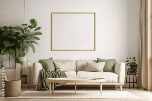 Serene Living Room Interior with Blank Poster Frame Mockup and Scandinavian-Inspired Decor © Georg Lösch