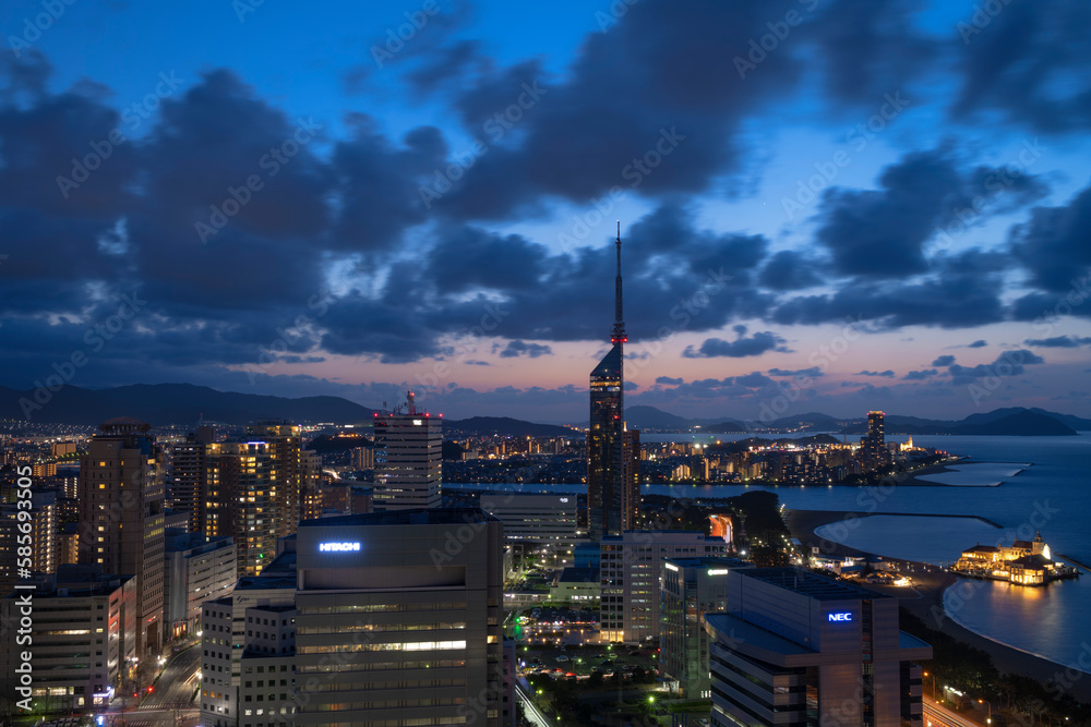Obraz premium 福岡県福岡市のシーサイドももち海浜公園の夜景と福岡タワー