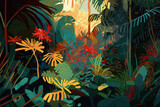 tropical jungle scene with exotic plants in the late afternoon. Generative AI