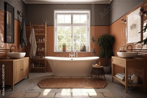 modern bathroom with a relaxing bathtub  sleek sink  and natural light streaming in from a window. Generative AI