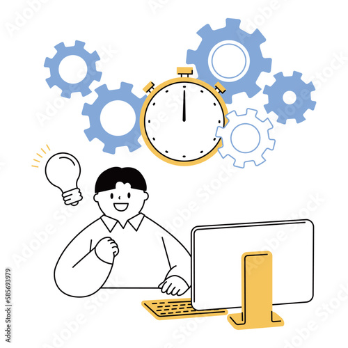 A boy who thinks about improving work efficiency using a PC. Gears and stopwatch background.