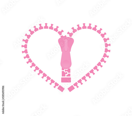 Vector pink heart formed by an unzipped zipper. Isolated on white background.