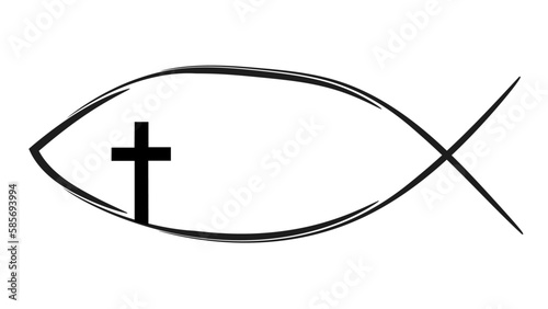 Black Chrsistian christianity eucharistic fisch symbol logo emblem with cross, isolated on white background