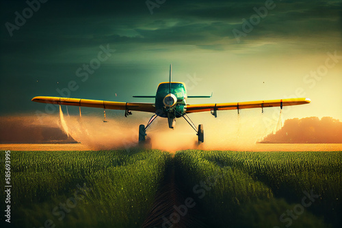 Agriculture plane duster fly over crop fields, spraying with herbicydes. Generative AI