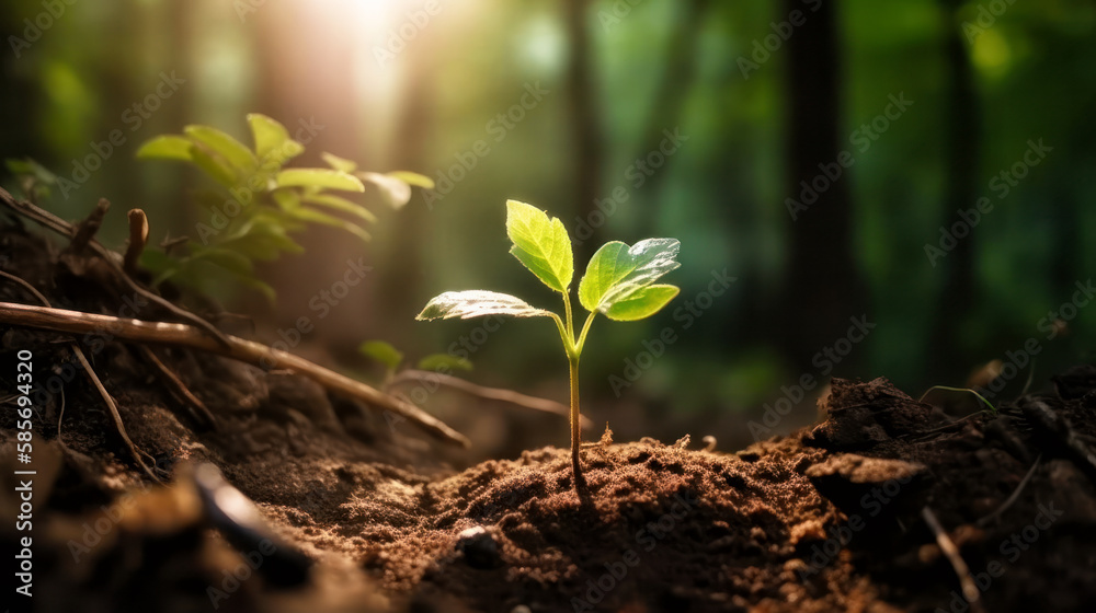Earth Day concept, a Young tree in a forest. Generative AI Earth Day concept, a Young tree in a forest. Generative AI