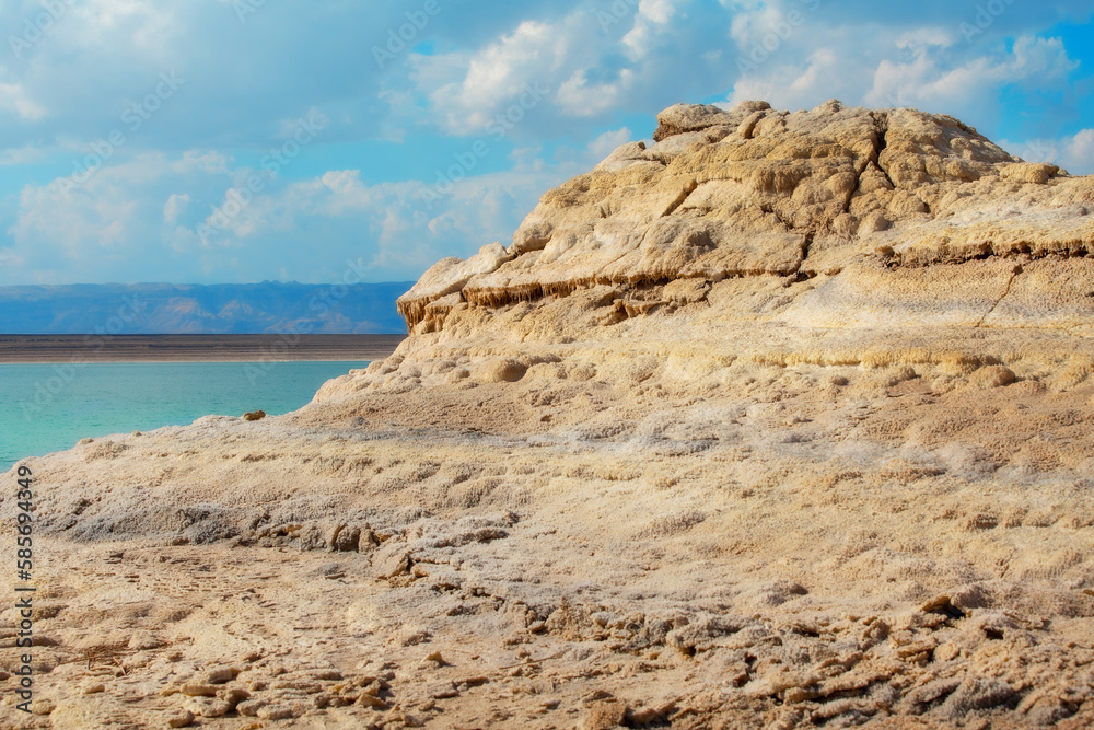 Jordan, Dead Sea coastline, salt crystals rocks, high angle view