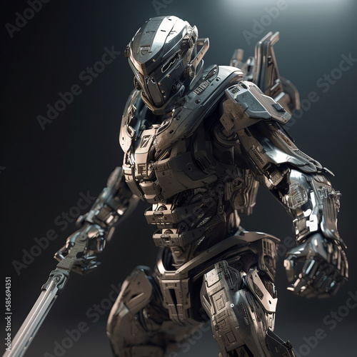 robot, soldier, warrior, 3d, cyborg, war, knight, android, woman, future, space, futuristic, military, army, toy, science, scifi, fantasy, fiction, gun, sword, armor, armour, helmet, generative ai © Eugene