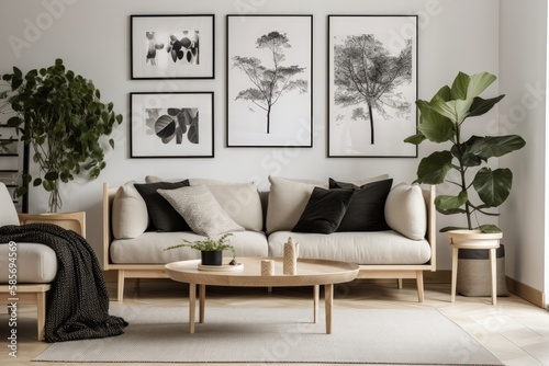 Blank Horizontal Poster Frame Mockup in Contemporary Living Room Interior
