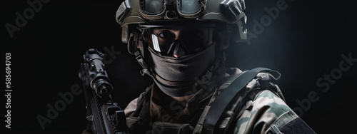 soldier, swat, military, army, gun, police, war, special, armed, weapon, mask, camouflage, rifle, uniform, combat, forces, guard, protection, warrior, force, black, sniper, generative , ai