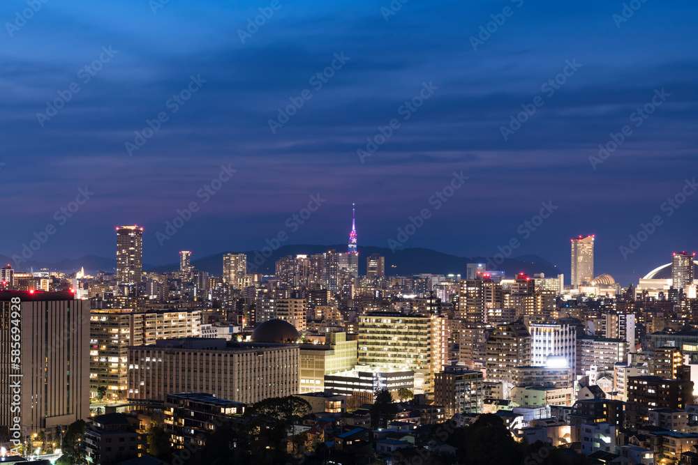 福岡タワーと福岡ドームの見える南公園西展望台から望む福岡の夜景