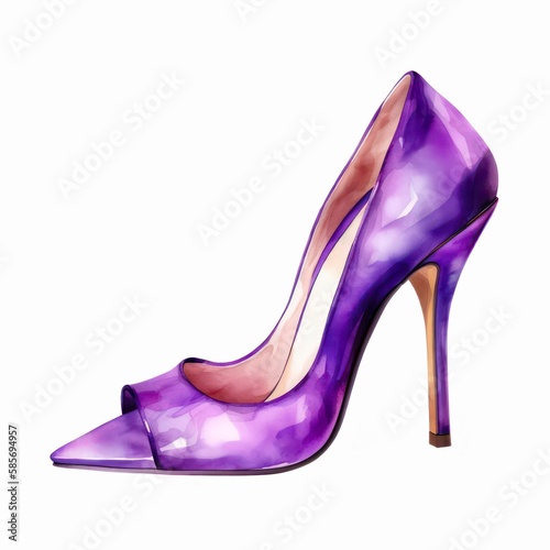 Violet female shoe with high heel, watercolor illustration. Generative AI.