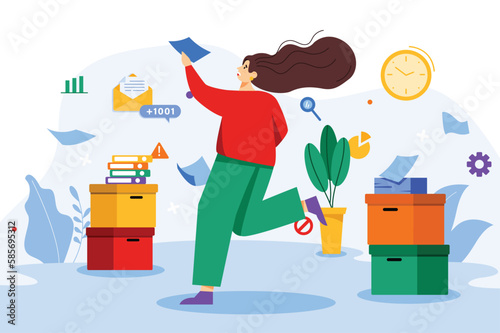 Deadline color concept with people scene in the flat cartoon design. Woman is trying to complete all work tasks before deadlines. Vector illustration.