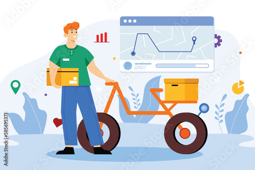 Delivery service color concept with people scene in the flat cartoon design. Courier on a bicycle delivers a parcel to a client. Vector illustration.