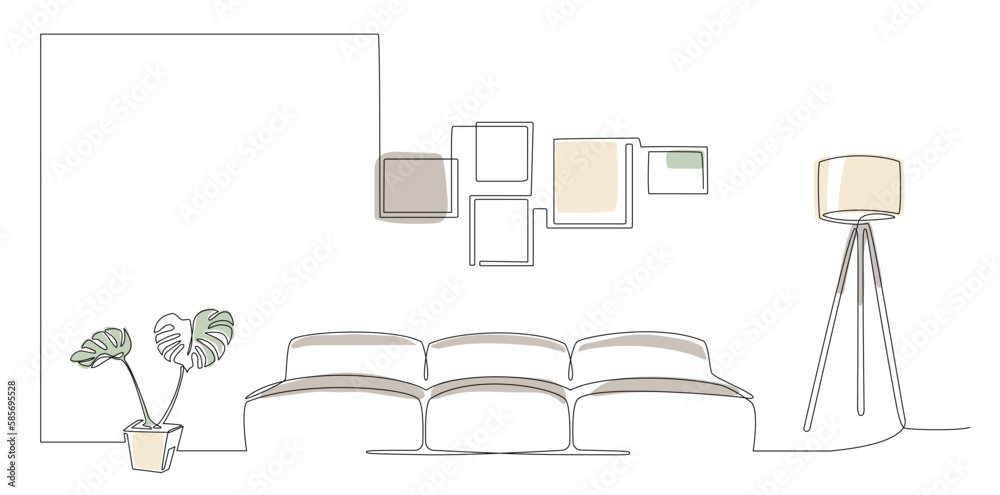 Continuous line interior with sofa, plant, lamp and frames for photo. One line colored drawing of Living room with modern furniture editable stroke. Single line. Handdraw contour. Doodle vector