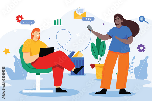 Email service color concept with people scene in the flat cartoon style. Two girls use email services to communicates with other people. Vector illustration.