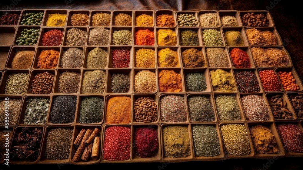 Vast array of fresh Moroccan exotic herbs and spices at a market stall. Generative AI Illustration