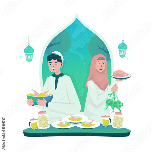 Enjoying Eid food flat illustration