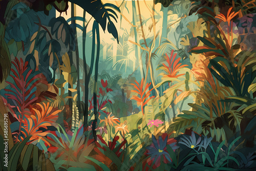 tropical jungle scene with exotic plants in the late afternoon. Generative AI
