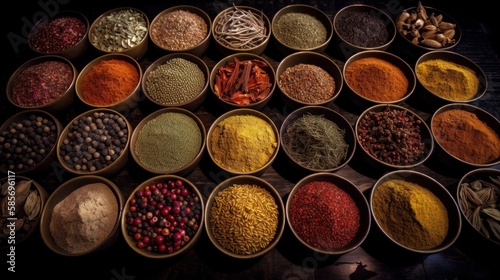 Vast array of fresh Moroccan exotic herbs and spices at a market stall. Generative AI Illustration