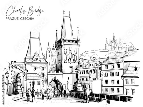 Charles Bridge city view in Prague  Czech Republic. Black line drawing isolated on white background. EPS 10 vector illustration.