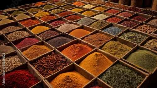 Fototapeta Naklejka Na Ścianę i Meble -  Vast array of fresh Moroccan exotic herbs and spices at a market stall. Generative AI Illustration