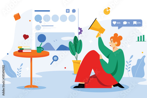 Social media color concept with people scene in the flat cartoon design. Girl makes an announcement in various social networks. Vector illustration.