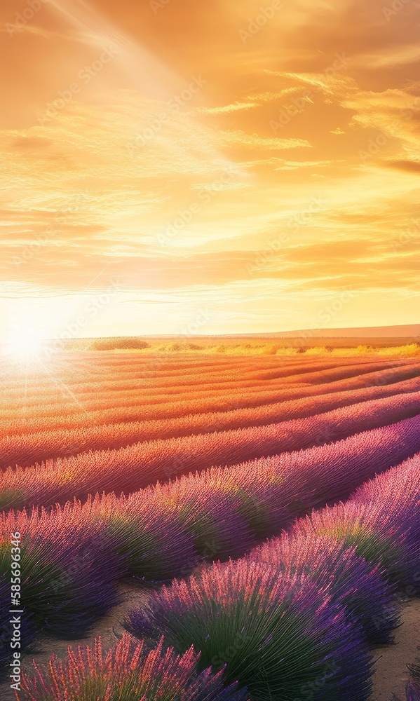 Fototapeta premium Breathtaking South of France landscape featuring lavender fields and a golden hour sky. AI GENERATED.