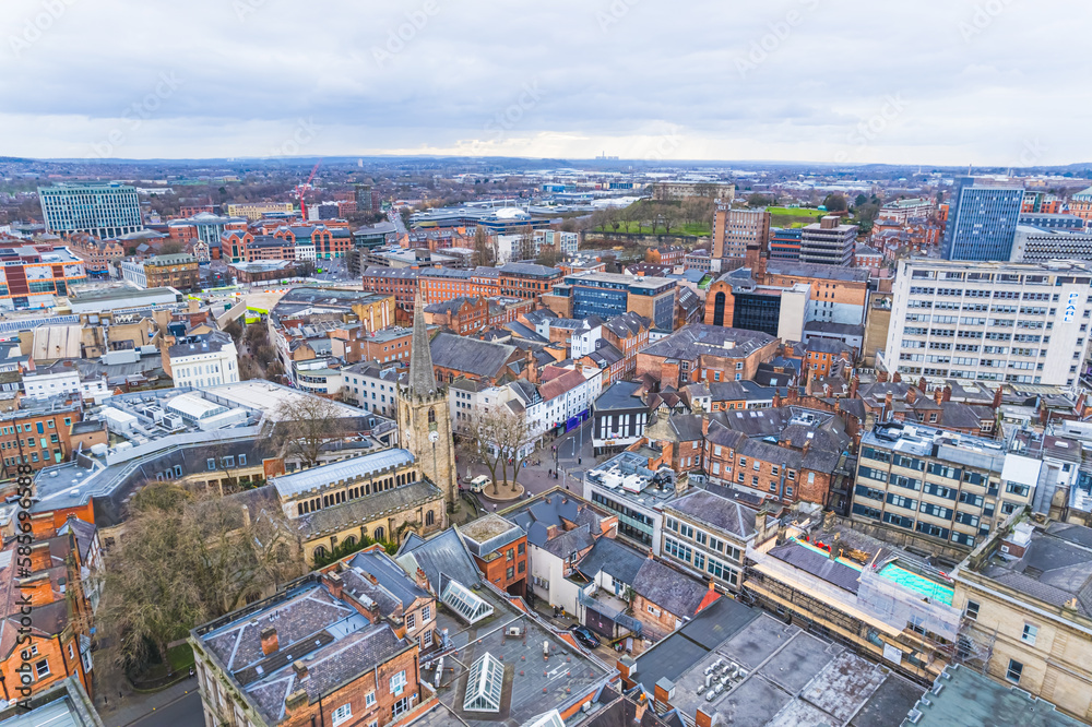 Nottingham Old Market Square. Scenic drone shot, UK. One of the oldest public squares photographed from bird's eye perspective. High quality photo