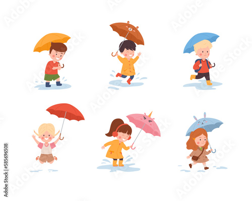Children in autumn with umbrellas flat cartoon vector illustration isolated.
